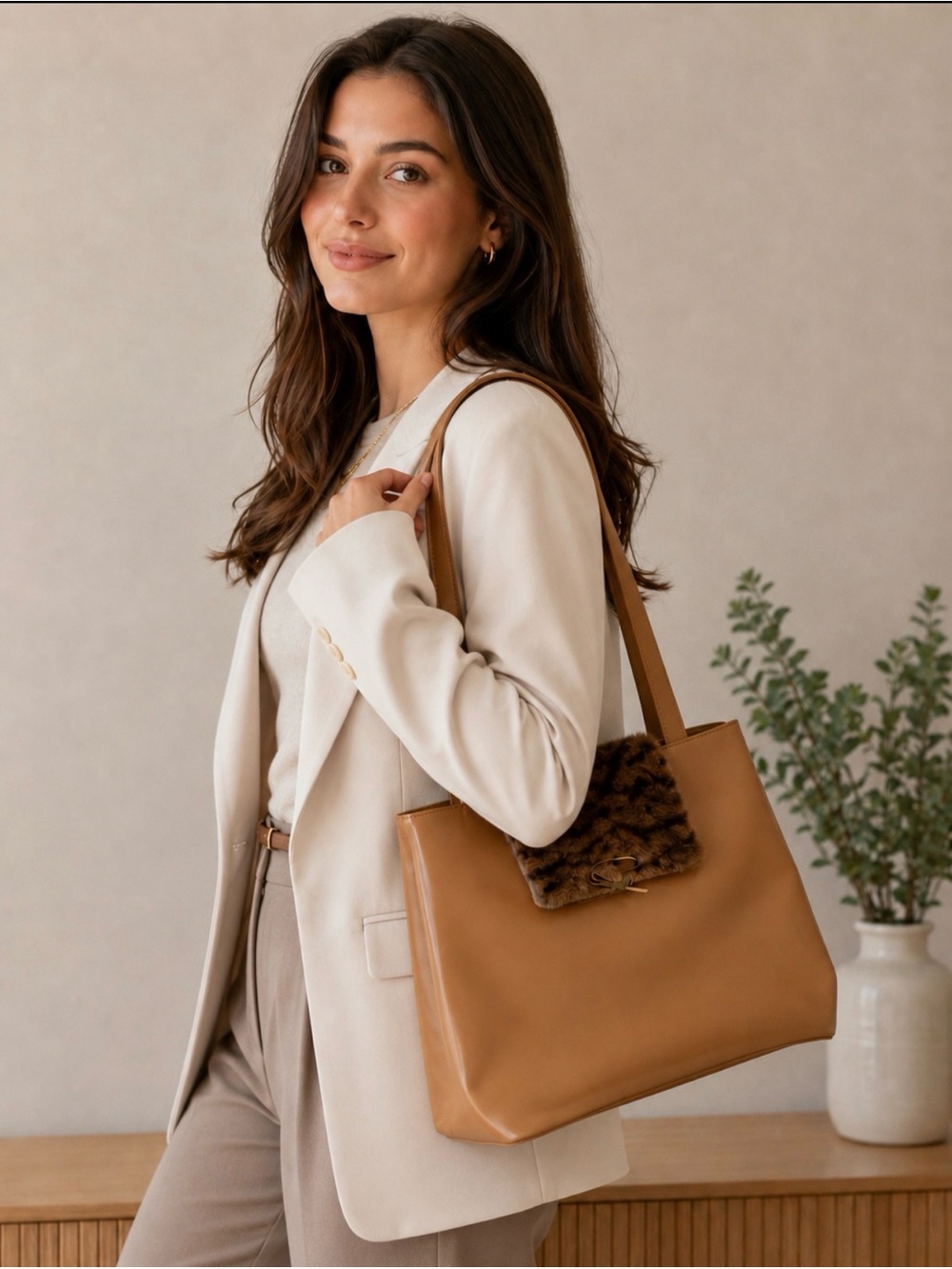 GENNY Tan Shoulder Bag with Fur Detail